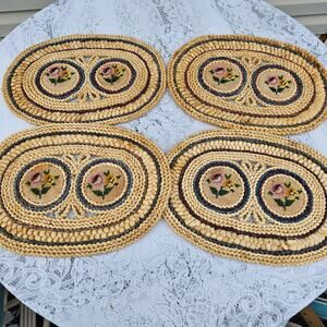 Vintage Rattan Straw Floral Embroidered Needlepoint Set of 4